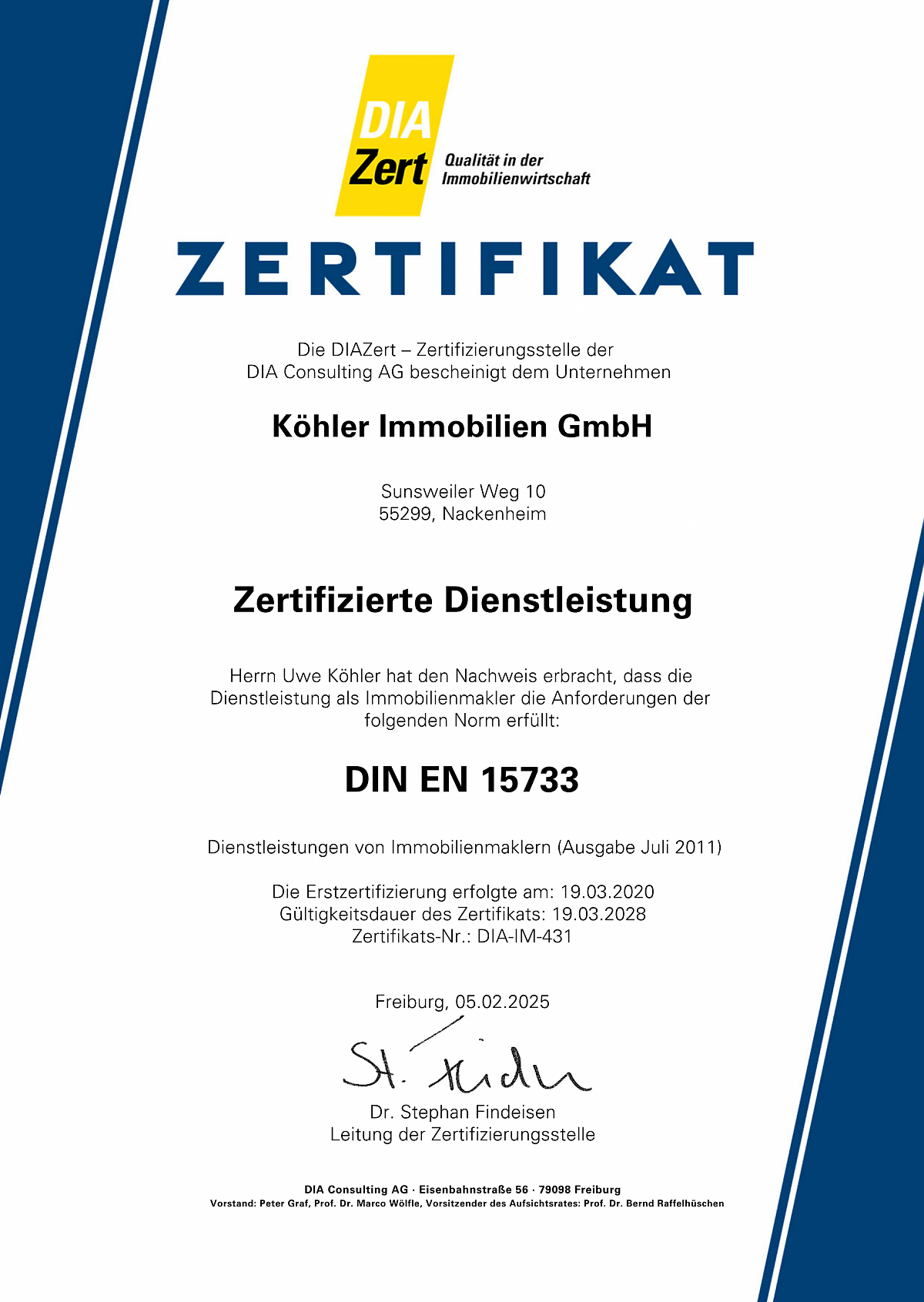 DIN-Zertifizierung - K�hler Immobilien e.K.