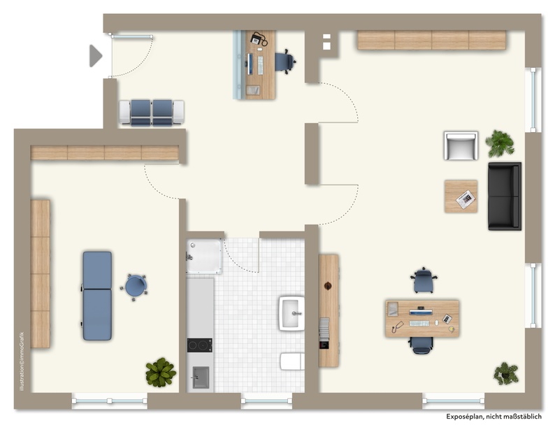 Aktueller Grundriss (Zimmer links durch Schr�nke nochmals unterteilt) B�ro / Praxis Nackenheim