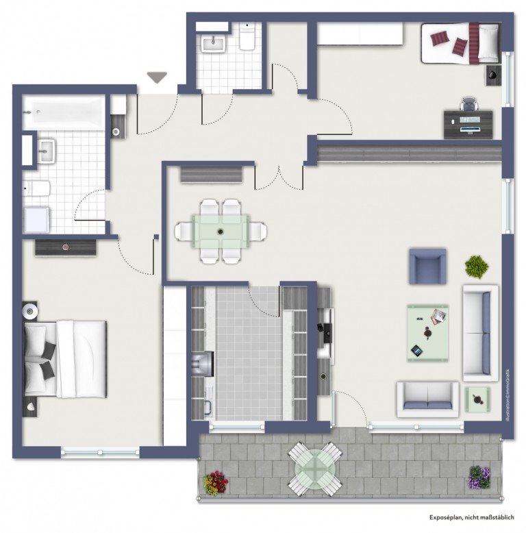 Grundriss Kostheim Etagenwohnung Mainz-Kostheim: Gut vermietete 3 Zimmerwohnung im 2. OG mit Tiefgaragenplatz in gepflegten Haus.